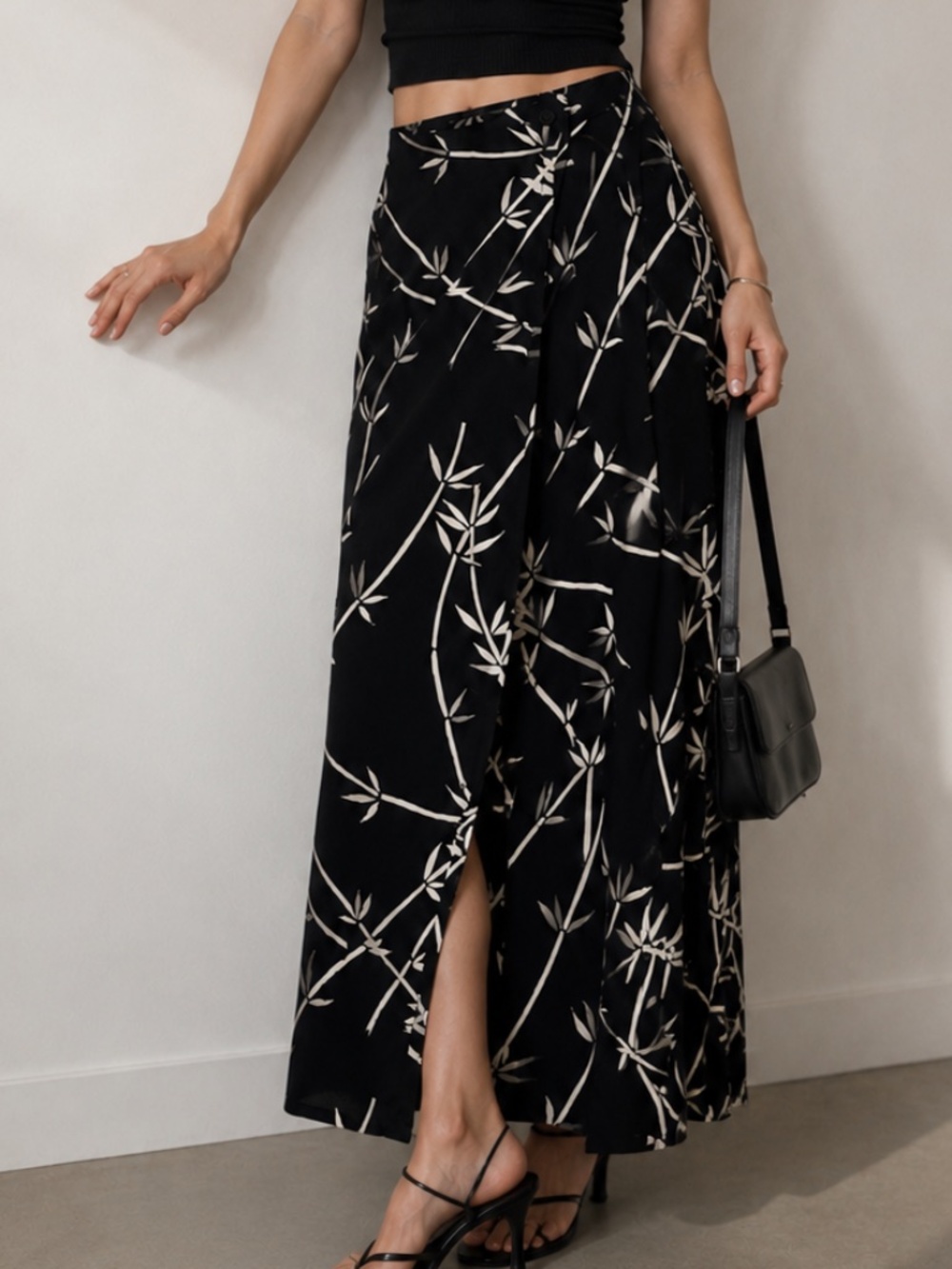 Daiquiri Black & White Bamboo Print Wrap-Front Maxi Skirt